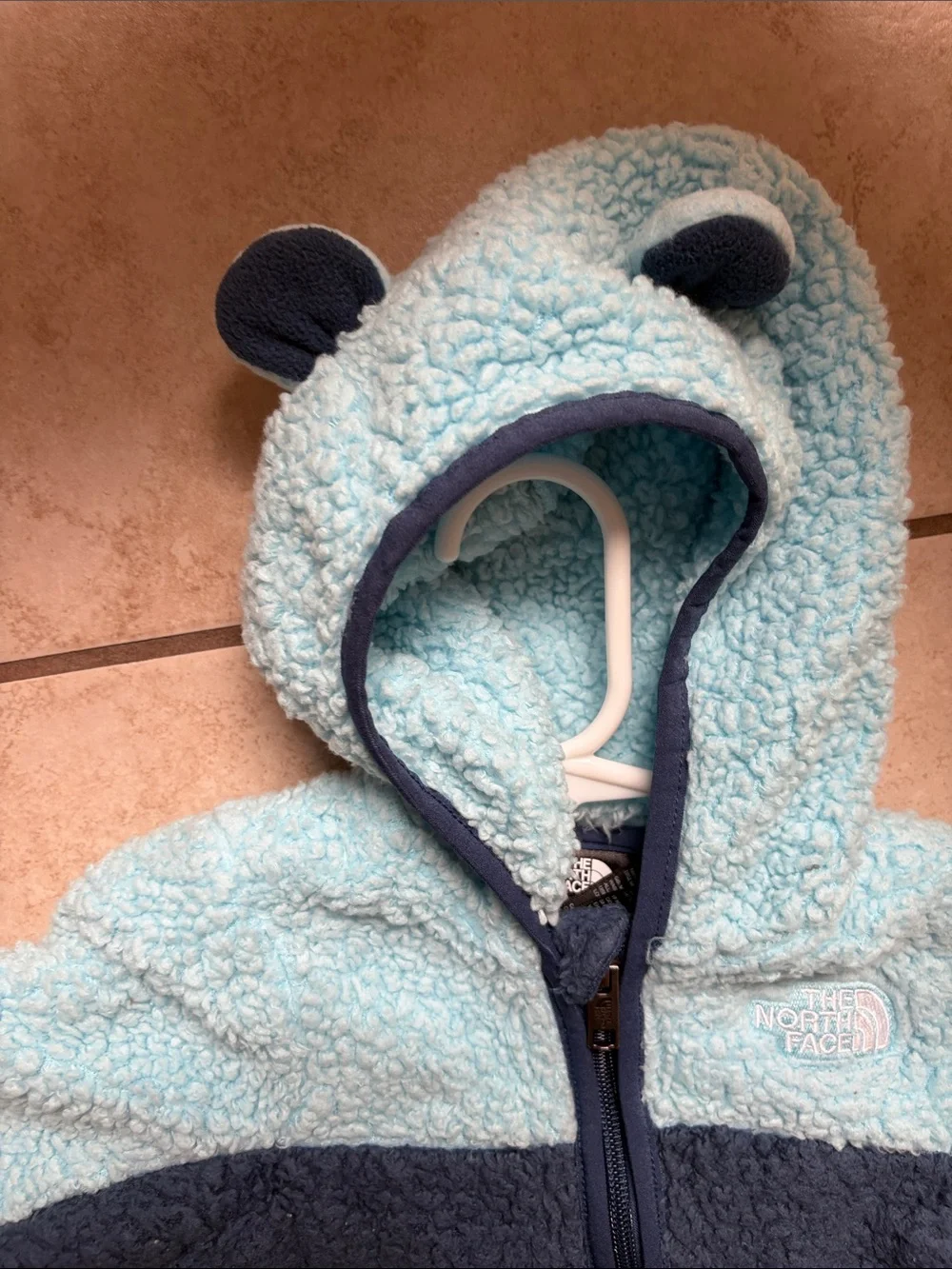 North face Light Blue and Navy Sherpa Baby One-Piece Hooded Romper